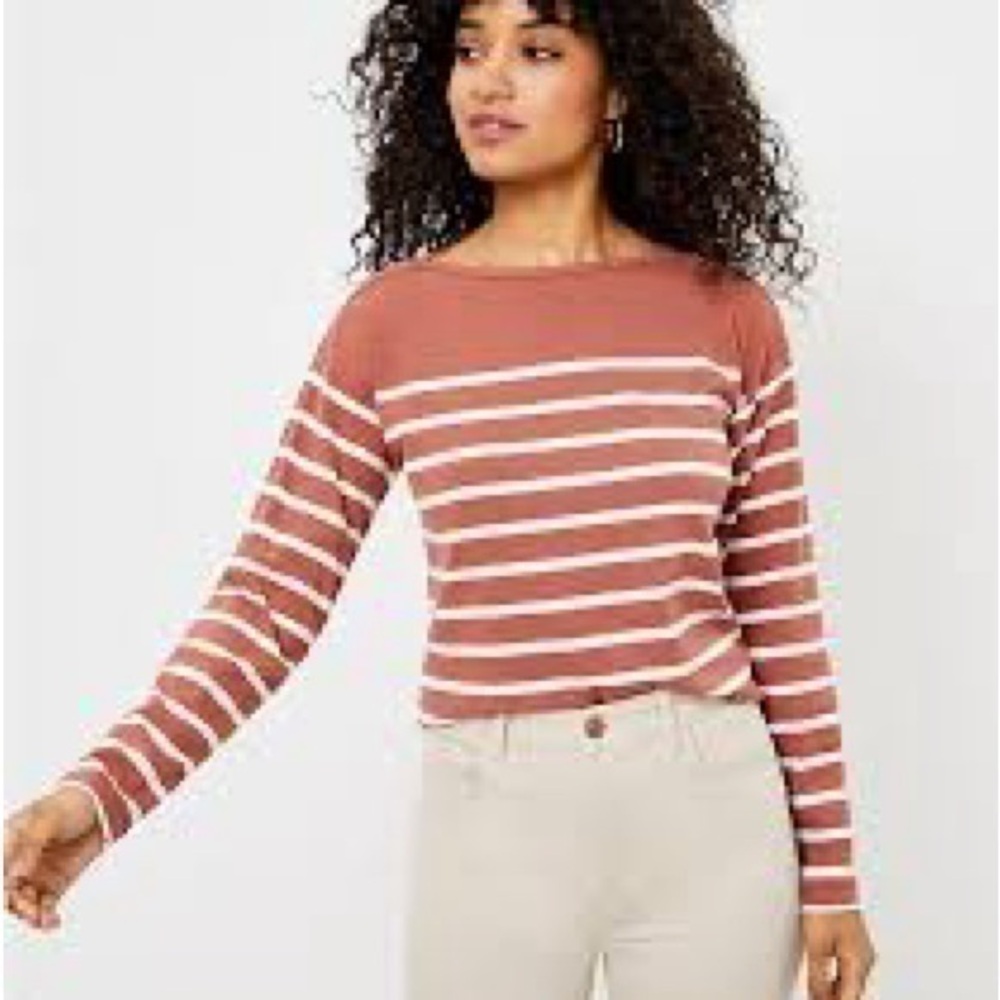 LOFT Rosy Brown Boatneck Long Sleeve Striped Tee Extra Small
